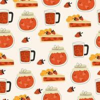 Seamless Pattern with Transparent Cup of Autumn Tea Strawberry Jam and Slice of Homemade Pie in Flat Style on White Background vector
