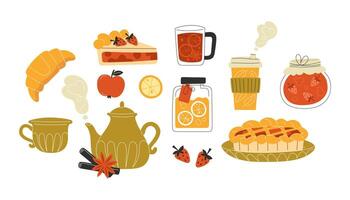 Cosy Autumn Drinks and Food Set with Tea Pies Spices Jam Fruits and Cinnamon in Flat Style Seasonal Illustration for Fall and Thanksgiving Design vector