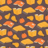 Seamless flat autumn pattern with books and pumpkins on dark background in warm colours vector