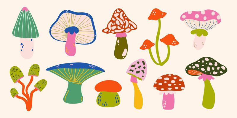 Abstract bright cartoon mushrooms retro set. Hand drawn cute autumn design elements for greeting cards, stickers, badges. Mystery and fantastic fungi collection