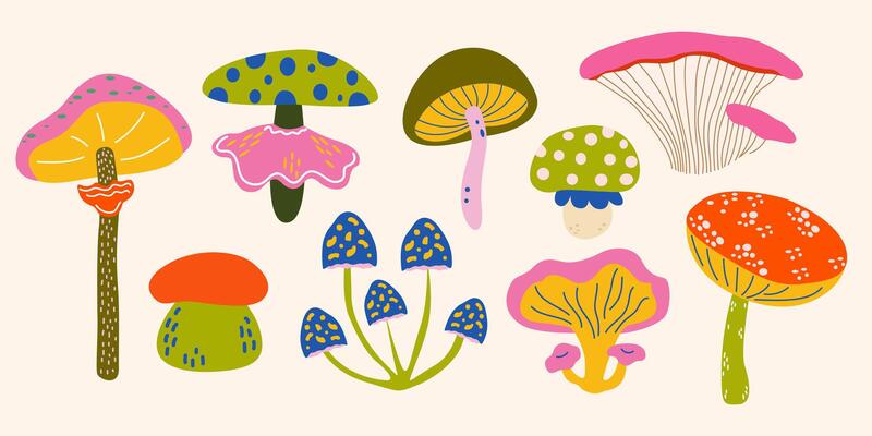 Whimsical mushrooms retro set. Hand drawn cute autumn design elements for greeting cards, stickers, badges