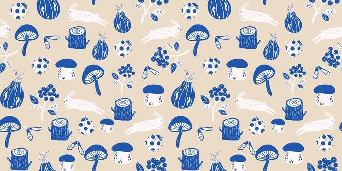 Autumn wild forest seamless pattern in folk boho style. Woodland background in Scandinavian style for textile, fabric with autumn leaves, pumpkins, rabbit, mushrooms, branches vector