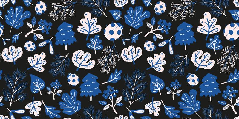 Autumn rustic seamless pattern in boho style. Fall season background for textile, fabric, print, wrapping paper. Autumn leaves, tree, ladybug. Wild forest illustration