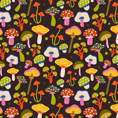 Bright seamless pattern with whimsical mushrooms in retro hippie cartoon style. Abstract psychedelic forest mushrooms background for textile, fabric, print, wrapping paper. illustration