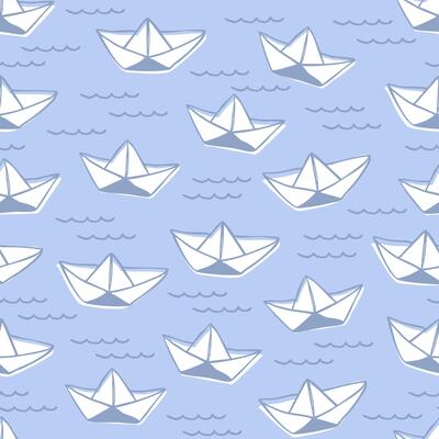 Cute white paper boats on blue seamless pattern. Origami boats. Abstract ship, sailboat background. Fabric, paper design.
