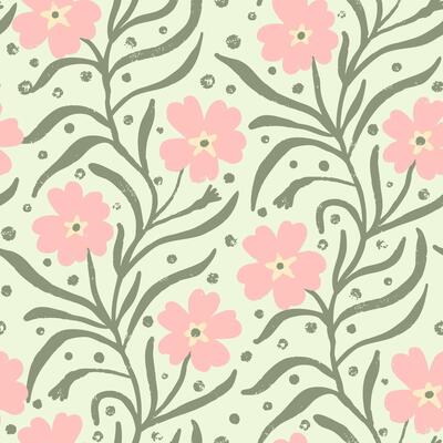 Tender trailing flowers with leaves seamless pattern. Cute floral background. Spring summer blooms repeat.