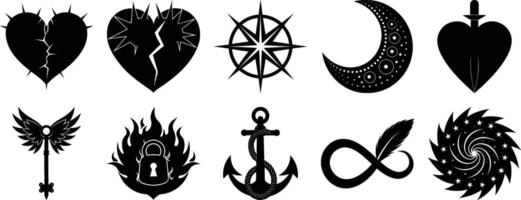 Diverse collection of abstract geometric shapes and symbols silhouette vector