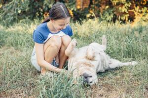 girl smiling petting dog lying on its back in grass backyard scene summer day peaceful atmosphere golden retriever enjoying attention concept of pet care animal shelter veterinary clinic photo