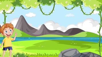 Two animated children explore a colorful prehistoric landscape with mountains and greenery, conveying adventure and curiosity video