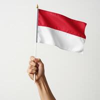 hands holding the red and white flag that flutters beautifully on Indonesian Independence Day in August photo