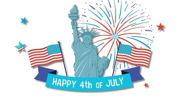 Animated sequence featuring the Statue of Liberty, American flags, and fireworks in a festive, patriotic theme video