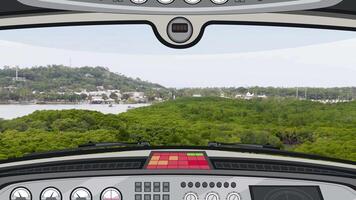 Animation of a cockpit view flying over a verdant landscape with hills and water, featuring smooth transitions and vibrant colors video