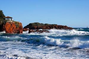 View of the coastline of Saint-Raphael in the Mediterranean Sea photo