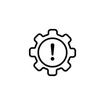 Icon of gear with exclamation mark inside representing alert or important notification signal vector