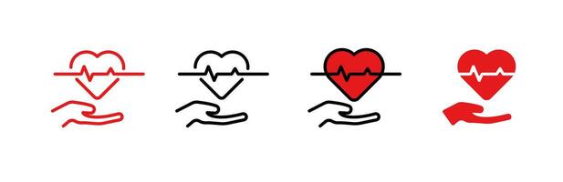 Icon set showing heart health symbols with hands in color and outline variations vector