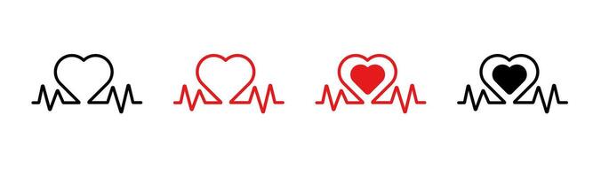 Icon showing heartbeat and heart symbol in black and red colors with various shapes and styles vector