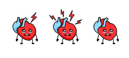 Heart cartoon characters with sad expressions and lightning symbols show emotion vector