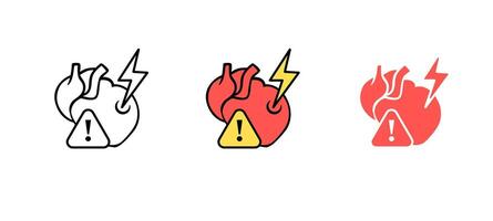 Heart warning icons with lightning and exclamation in black and red variations vector