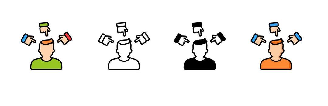 Icon with multiple hands pointing at head in color, outline, and filled styles vector