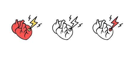 Heart with lightning symbol illustrating pain or medical alert in three styles vector