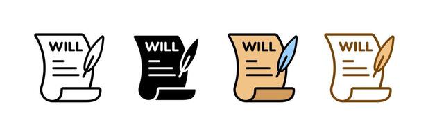 Icon set of will document with feather pen in color and outline variations vector