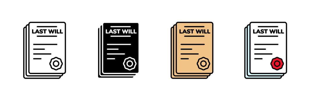 Icon set featuring last will documents in colorful and minimal design variations vector