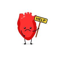 Heart cartoon figure holding help sign expresses emotion with sad facial expression vector