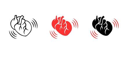 Heart symbols in motion. red, black, and outline vibrating variants with motion lines vector