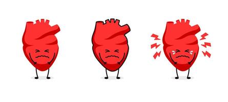 Heart cartoon expressions illustrating sadness and emotions in red characters vector