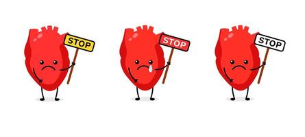 Heart characters holding stop signs with emotional expressions highlighting messages vector