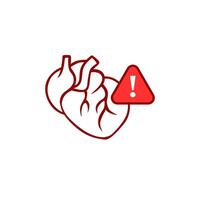 Heart warning icon with anatomical heart and red exclamation mark in triangle vector