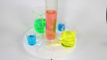 Various colored liquids in beakers and cylinders video