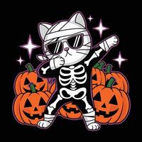 Halloween Cat Dabbing in Skeleton Costume with Sunglasses and Pumpkins vector