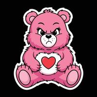 Grumpy Pink Bear Holding Heart, Expressing Displeasure with Angry Eyes. vector