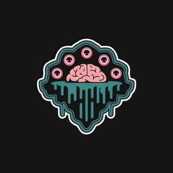 Surreal Brain with Floating Eyes and Dripping Teal Liquid in Decorative Frame vector