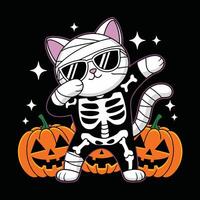 Cartoon Mummy Cat Dabbing with Skeleton Costume and Jack-o'-lanterns vector