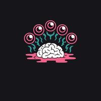 Cartoon Brain with Five Pink-Ringed Eyes and Turquoise Tendrils Above Pink Fluid vector