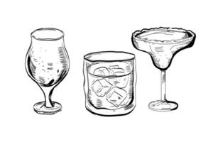 set Glass hand drawn set of cocktails and alcohol drinks. Sketch. vector