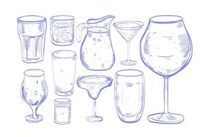 set Glass hand drawn set of cocktails and alcohol drinks. Sketch. vintage, line style vector