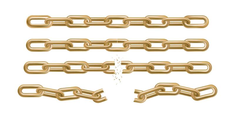 3d straight golden chain, website hyperlink connection. Bad share link, broken unlocked ring is weak protection. Repeat border for credit, digital secret password. Metal shattered thick block render