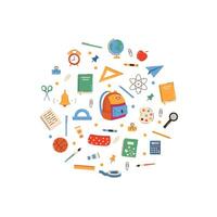 Big set of school supplies and education stickers. Back to school. Backpack, books, globe, pencil box, paints, ruler, pen, pencil. Suitable for prints, cards, paper crafts, scrapbooking. vector
