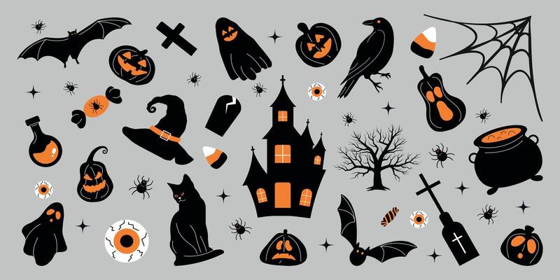 Halloween Icons Flat Silhouette set with Spooky Festive symbols elements. Collection Stickers Scary Holiday October 31. Illustration Pumpkin, Witch Hat, Spider Web, Bat, Cat.