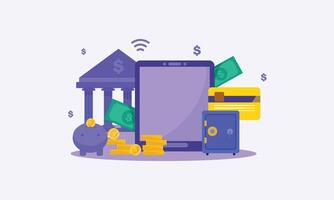 Online Mobile banking technology concept Isometric illustration of bank on electric circuit lines background Digital connect system.Financial technology concept. illustration vector