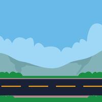 Square of asphalt road to travel. Horizontal view of asphalt road ahead with yellow center line. Meadow and green grass with mountain under blue sky and white clouds for background vector