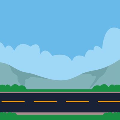 Square of asphalt road to travel. Horizontal view of asphalt road ahead with yellow center line. Meadow and green grass with mountain under blue sky and white clouds for background
