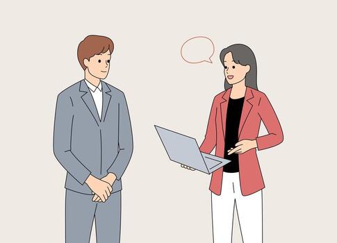 discusión durante un negocio reunión con el utilizar de un ordenador portátil para comunicación y colaboración vector