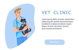 Veterinarian with dog web banner or landing page. A male veterinarian holds a cute puppy in his arms vector