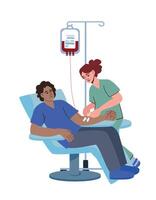 a man donates blood, and a nurse puts a catheter on him. concept of donation, blood transfusion vector