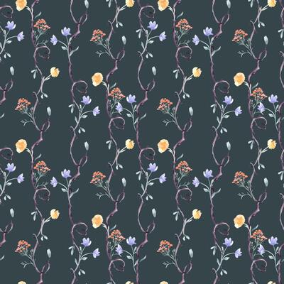 Branches, flowers and hearts by watercolor seamless pattern on dark. Vertical tree repeating background with delicate orange blue hand drawn flowers . Nature wallpaper with botanical plant elements