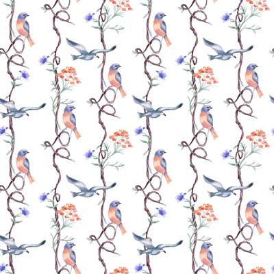 Birds of red, blue color on repeating branches by watercolor isolated. Nature background with seamless tree and hearts form, flowers, birdie hand painted. Pattern design for wallpaper, textile